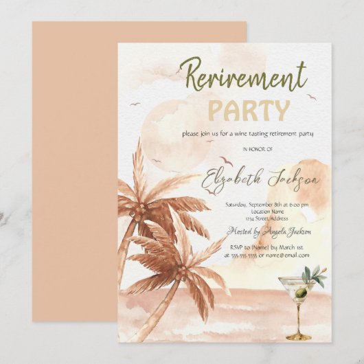 Watercolor Martini Glass Rustic Palms Retirement  Kaart (Voorkant / Achterkant)