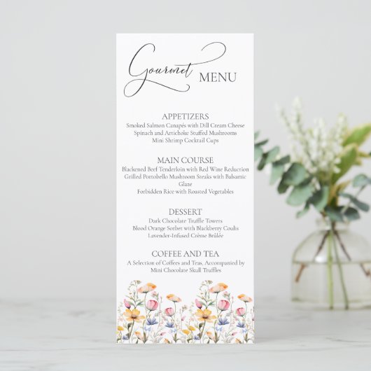 Watercolor Meadow Fleurs sauvages Mariage Menu Gou (Debout devant)