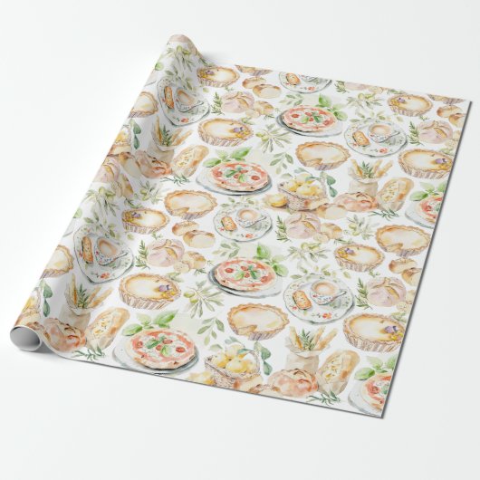 Watercolor Mediterranean Food Pattern Cadeaupapier (Uitgerold)
