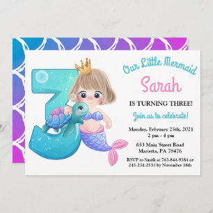 Watercolor Mermaid 3e anniversaire fête Invitation
