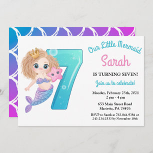 Watercolor Mermaid 7e anniversaire fête Invitation