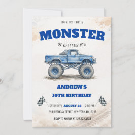Watercolor Modern Blue Monster Truck Boy Birthday  Kaart