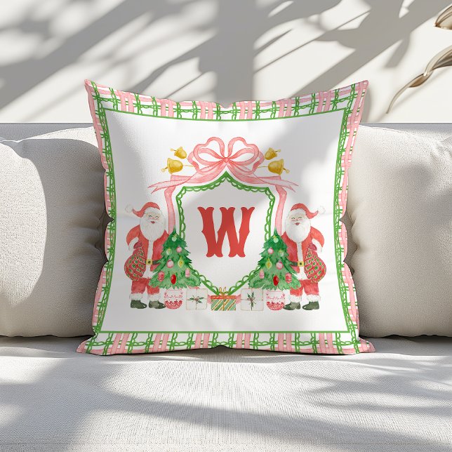 Watercolor Monogram Initial Plaid Santa Crest Kussen (Creator heeft geüpload)