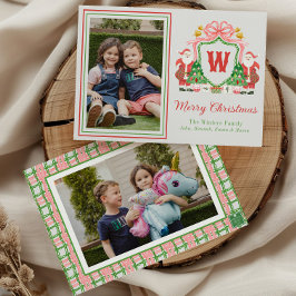 Watercolor Monogram Initial Santa Crest Photo Feestdagenkaart