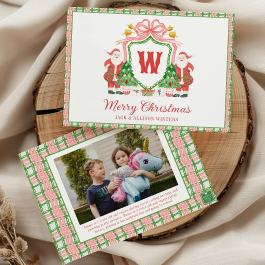 Watercolor Monogram Initial Santa Crest Photo Feestdagenkaart