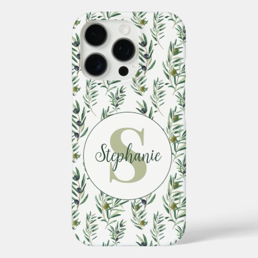 Watercolor Monogram Naam Olijftakken Patroon Case-Mate iPhone Case (Achterkant)