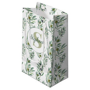 Watercolor Monogram Naam Olijftakken Patroon Klein Cadeauzakje