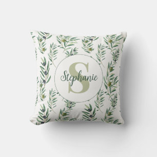 Watercolor Monogram Naam Olijftakken Patroon Kussen