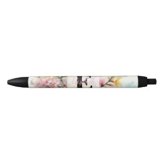 Watercolor monogram pink yellow Spring flowers  Zwarte Inkt Pen