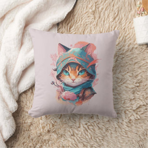 Watercolor Mooie Ninja Kat Met Kap Kussen
