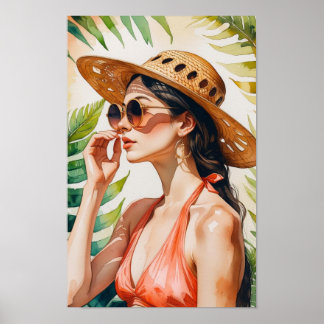 Watercolor Mooie vrouw in perzik Poster