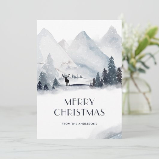 Watercolor Mountain Deer Snowflake Cartes de Noël (Debout devant)