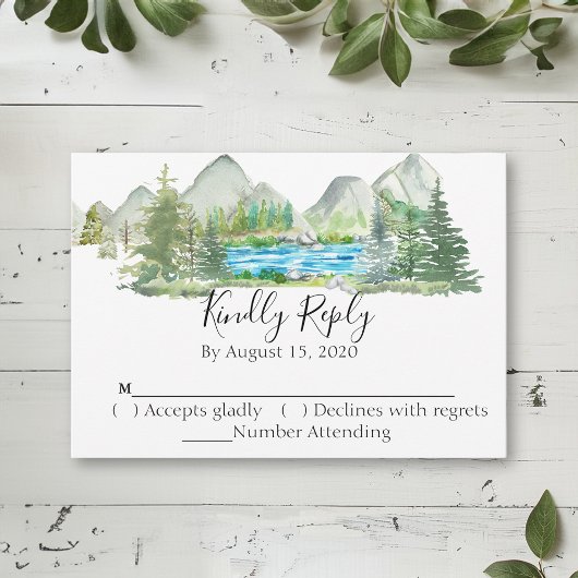 Watercolor Mountain Forest River Wedding RSVP