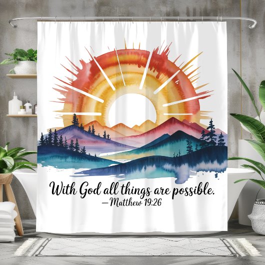 Watercolor Mountain Sunrise Bible Verse Douchegordijn