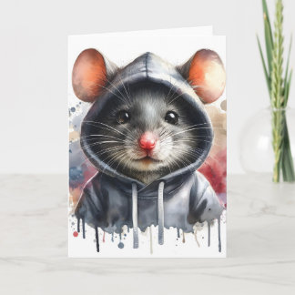 Watercolor Muis in Grijze Hoodie Spatart Kaart