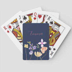 Watercolor Naam Wilde Bloem Navyblauw Pokerkaarten