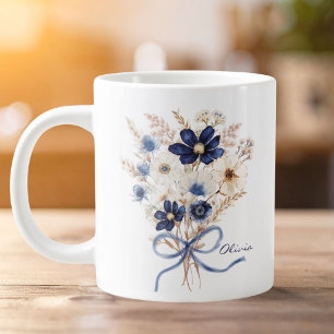 Watercolor Navy Blauwe Bloemboeket Persoonlijk Extra Grote Beker