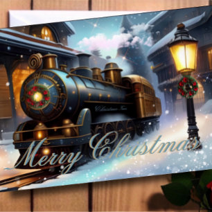 Watercolor Navy Blauwe Kersttrein Vakantiefoto Kaart