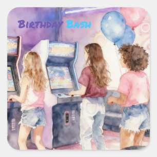 Watercolor Neon Arcade Kinderverjaardagsfeestje Vierkante Sticker