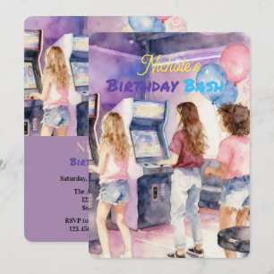 Watercolor Neon Arcade Tiener Meisje Verjaardagsfe Kaart