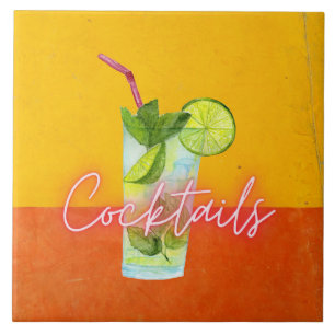 Watercolor & Neon Cocktails Bar Kunst   Tegeltje
