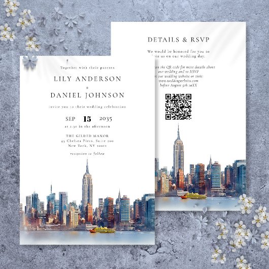 Watercolor New York Silhouette QR Code Bruiloft Kaart