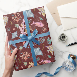 Watercolor Oceaanleven Gestructureerde Sangria Cadeaupapier