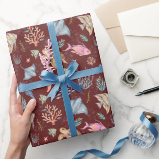 Watercolor Oceaanleven Gestructureerde Sangria Cadeaupapier