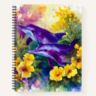 Watercolor Ocean Dolphins Tropical Flowers Notitieboek