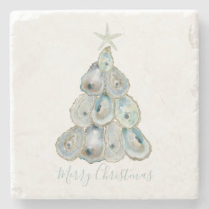 Watercolor Oester Kerstboom Stenen Onderzetter