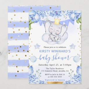 Watercolor Olifant en Blauwe Rozen Baby Shower Kaart