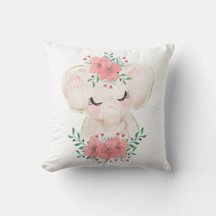 Watercolor Olifant met Bloemen Kussen