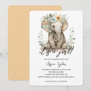 Watercolor Olifant Perzik Bloem Meisje Baby Shower Kaart