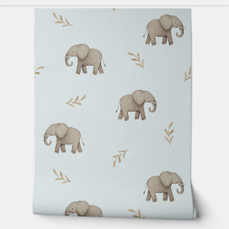 Watercolor Olifanten Stofblauw Kinderkamer Patroon Behang