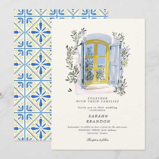 Watercolor Olive Blue tile Greece Wedding  Invitat Kaart (Voorkant / Achterkant)