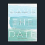 Watercolor Ombre Stripes Enregistrer la date Carte<br><div class="desc">Ce moderne enregistrer la carte postale date dispose de trois traits de brosse aquarelle dans l'effet bleu ombre. Customisez cette enregistrer la date carte postale avec vos détails pour une unique enregistrer la date. Parfait pour un mariage à la plage,  un mariage nautique ou un mariage de destination.</div>