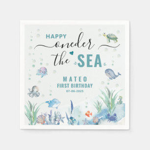 Watercolor One-der Onder de zee 1e verjaardag Servet