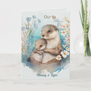 Watercolor Otter en Baby, eerste Moederdag Kaart