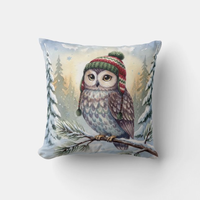 Watercolor Owl In Winter Hat Kussen (Voorkant)