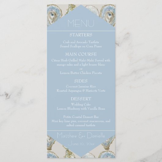 Watercolor Oysters Wedding- Light Blue Flat Menu (Devant)