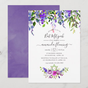 Watercolor Paarse Bloem Bat Mitzvah Kaart