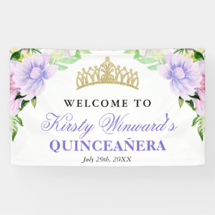 Watercolor Paarse Bloemen Welkom Quinceanera Spandoek