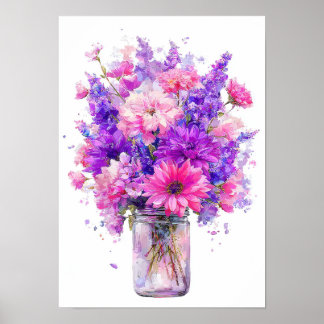Watercolor Paarse Roze Bloemenboeket in Pot Poster