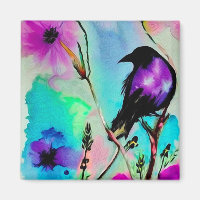 Watercolor Paarse & Zwarte Vogel