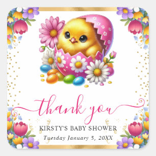 Watercolor Paas Kuiken Lente Bloemen Baby Shower Vierkante Sticker