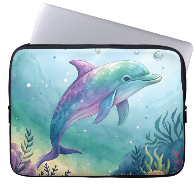 Watercolor painted dolphin laptop sleeve (Voorkant)