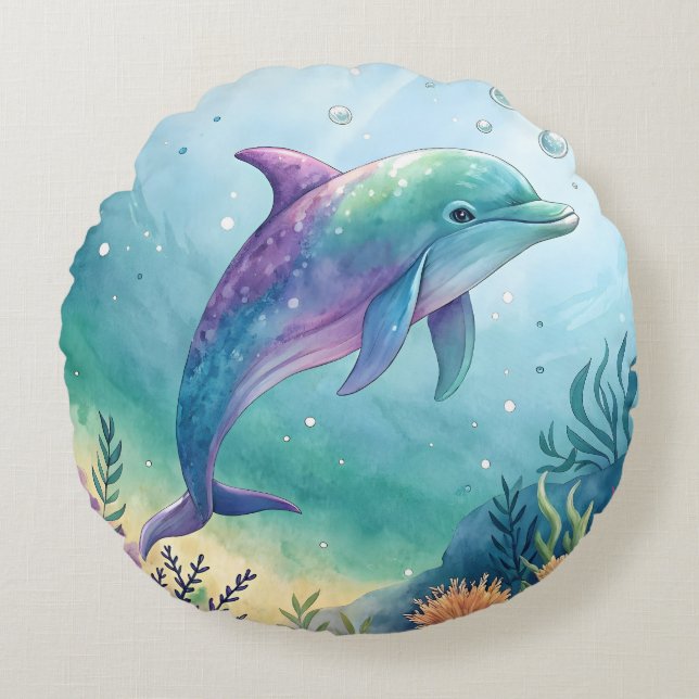Watercolor painted dolphin rond kussen (Voorkant)