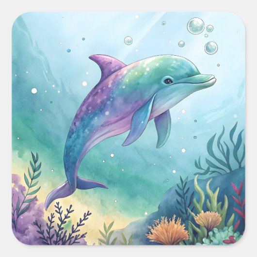 Watercolor painted dolphin vierkante sticker (Voorkant)