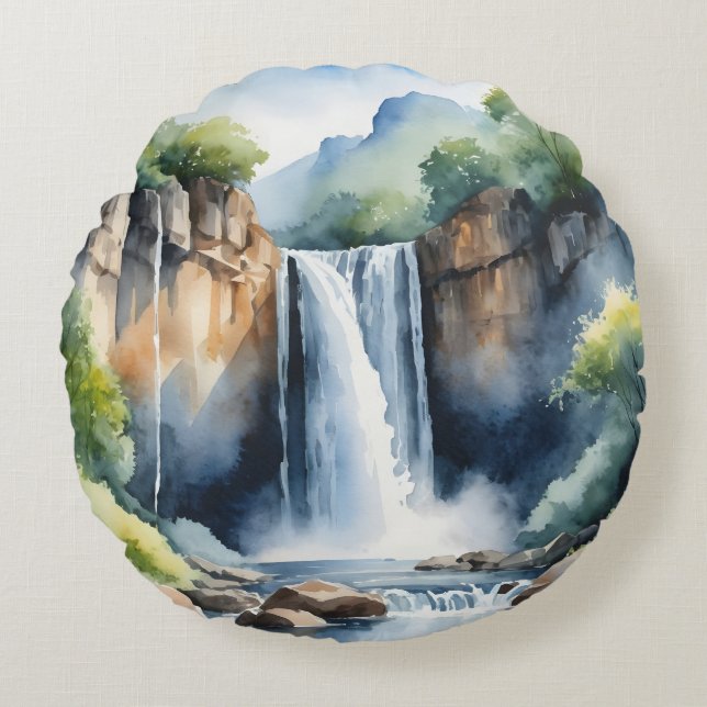Watercolor painted waterfall rond kussen (Voorkant)