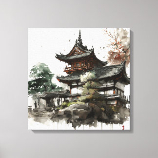 Watercolor painting style of a japanese temple canvas afdruk